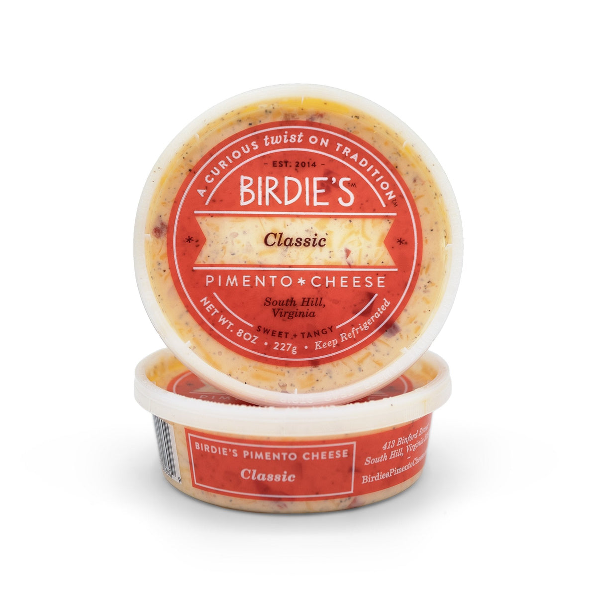 Two 8 oz tubs of Birdie's Classic pimento cheese