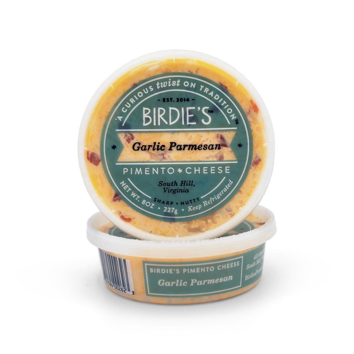 Two 8 oz tubs of Birdie's Garlic Parmesan pimento cheese