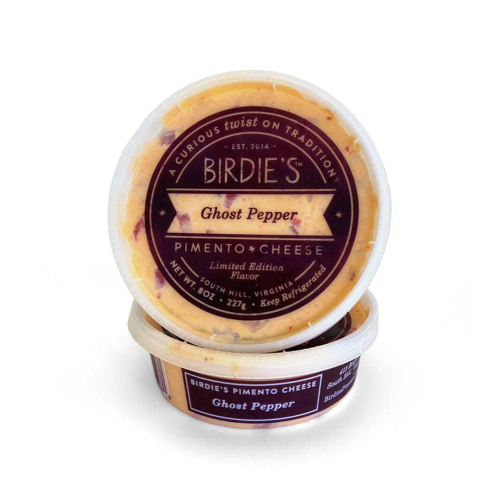 Two 8 oz tubs of Birdie's Ghost Pepper pimento cheese