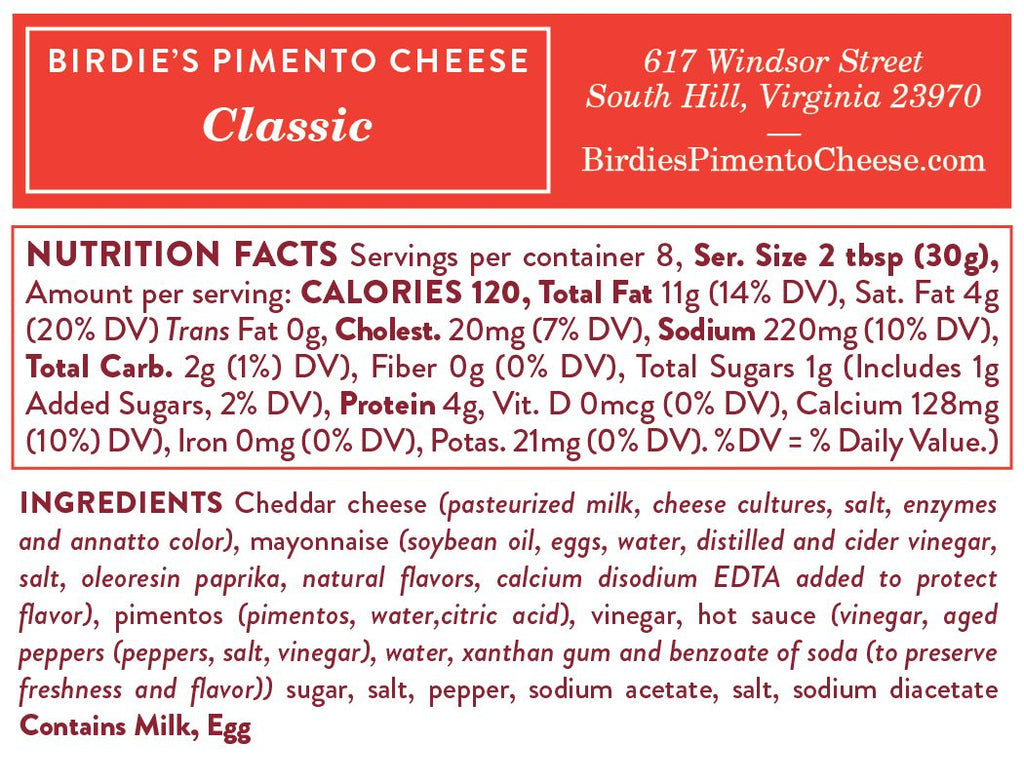 Nutrition facts for Birdie's Classic pimento cheese