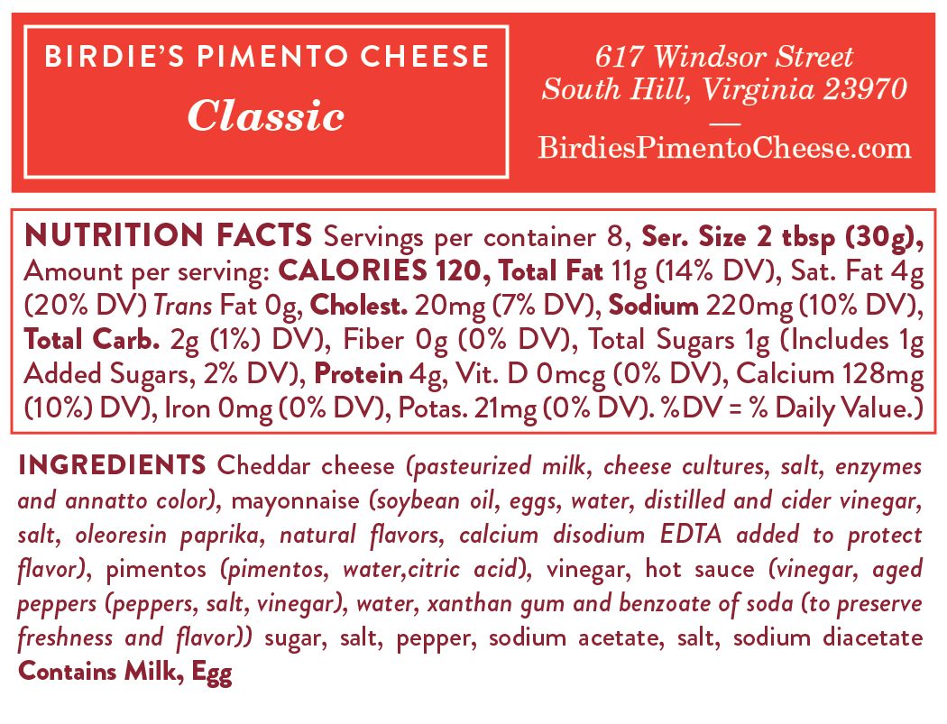 Nutrition facts for Birdie's Classic pimento cheese