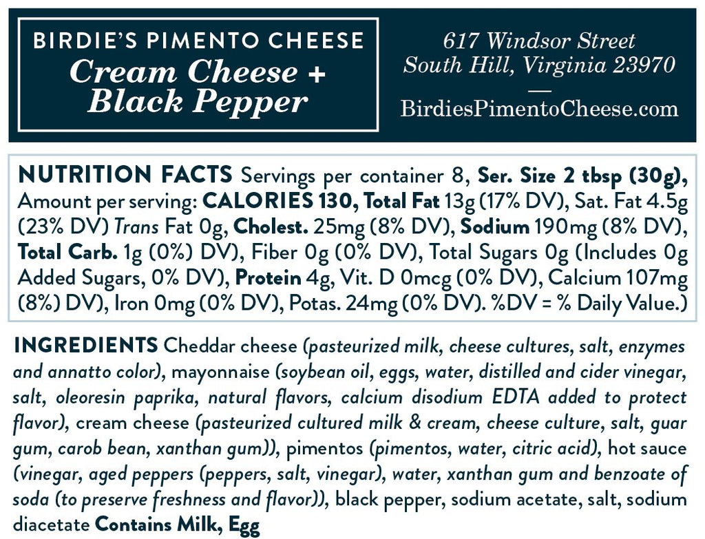 Nutrition facts for Birdie's Cream Cheese + Black Pepper pimento cheese