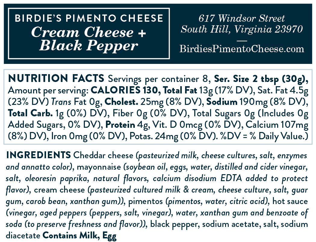 Nutrition facts for Birdie's Cream Cheese + Black Pepper pimento cheese