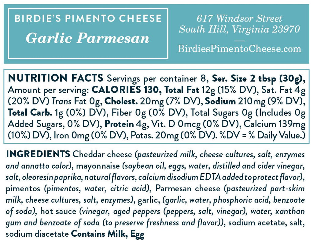 Nutrition facts for Birdie's Garlic Parmesan pimento cheese