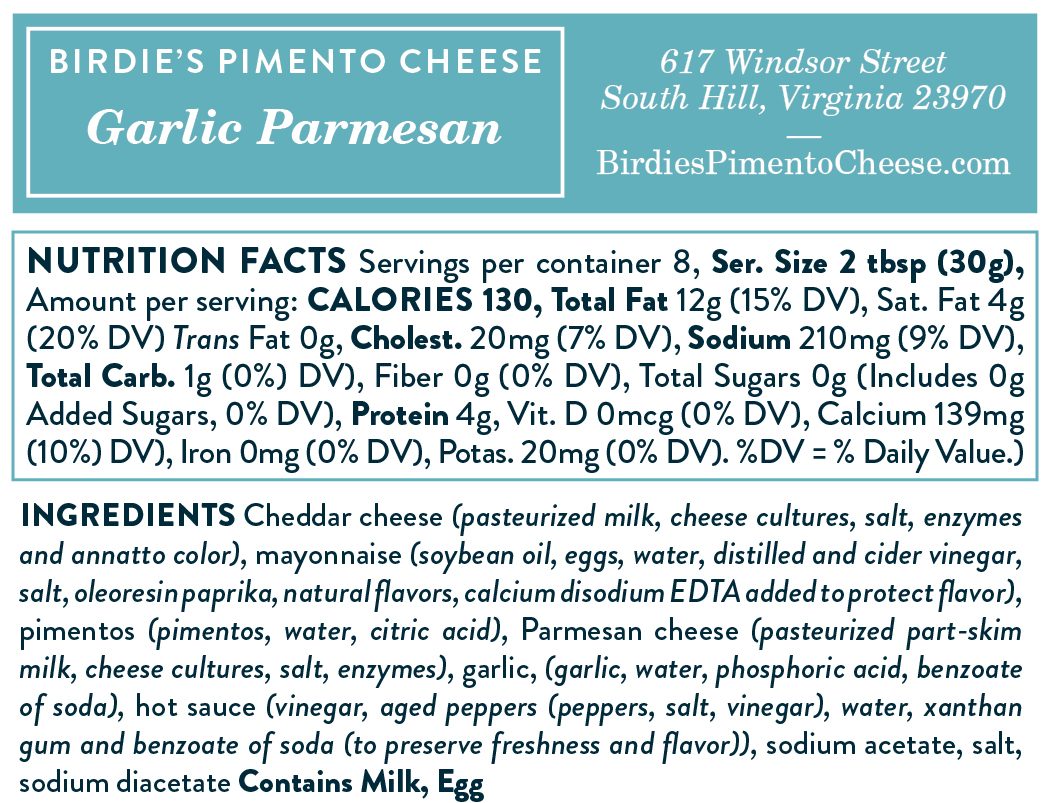 Nutrition facts for Birdie's Garlic Parmesan pimento cheese
