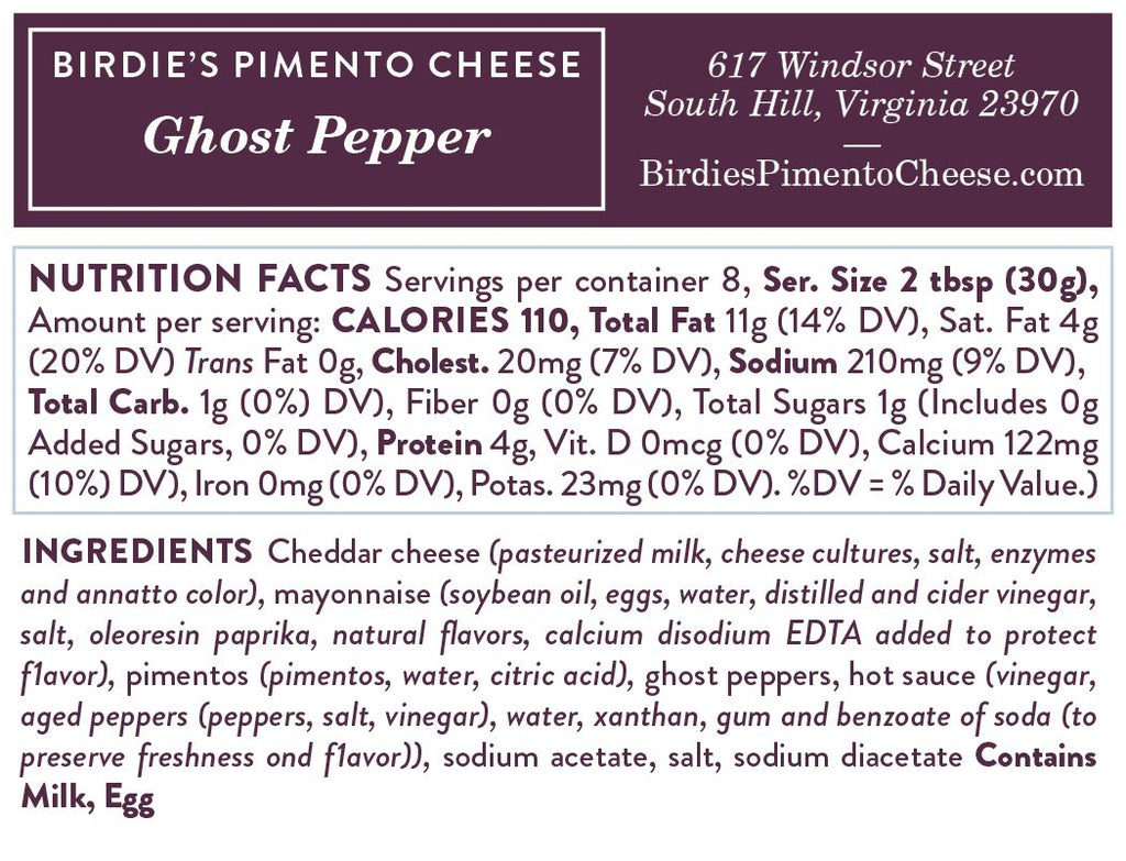 Nutrition facts for Birdie's Ghost Pepper pimento cheese