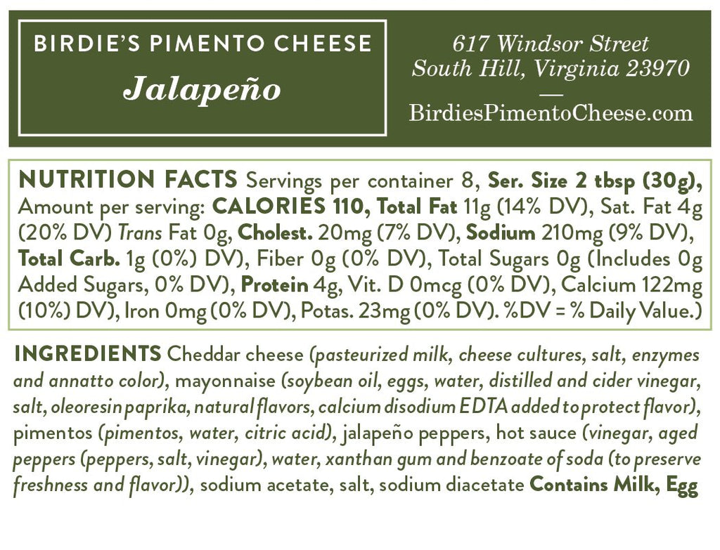 Nutrition facts for Birdie's Jalapeño pimento cheese