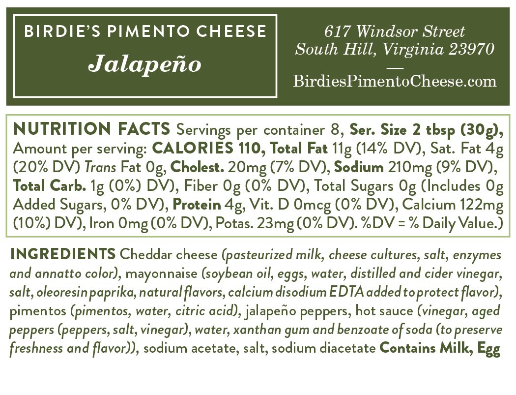 Nutrition facts for Birdie's Jalapeño pimento cheese