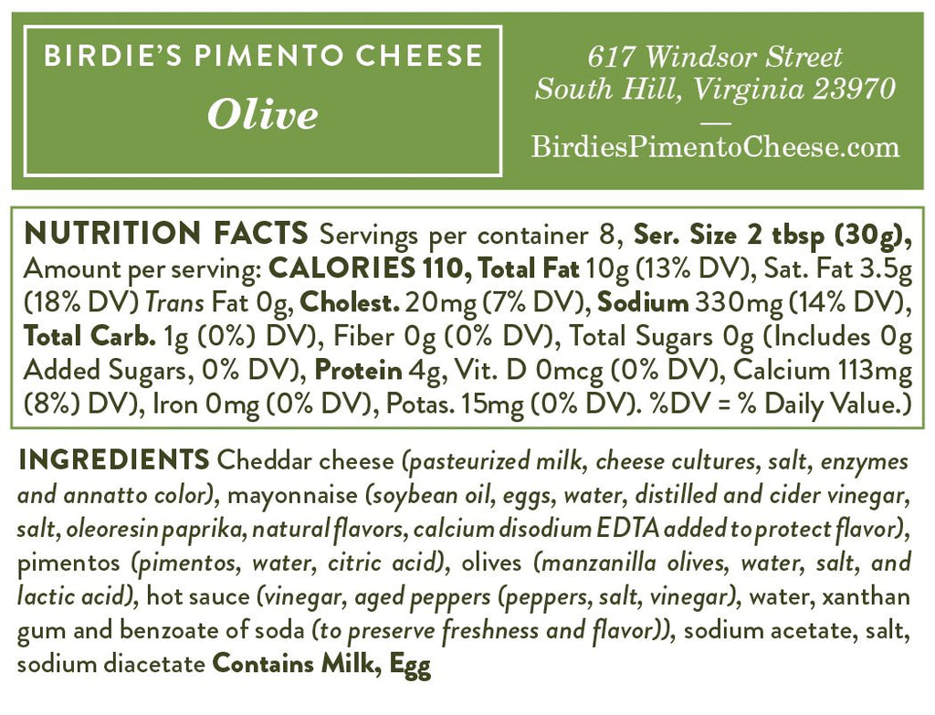 Nutrition facts for Birdie's Olive pimento cheese