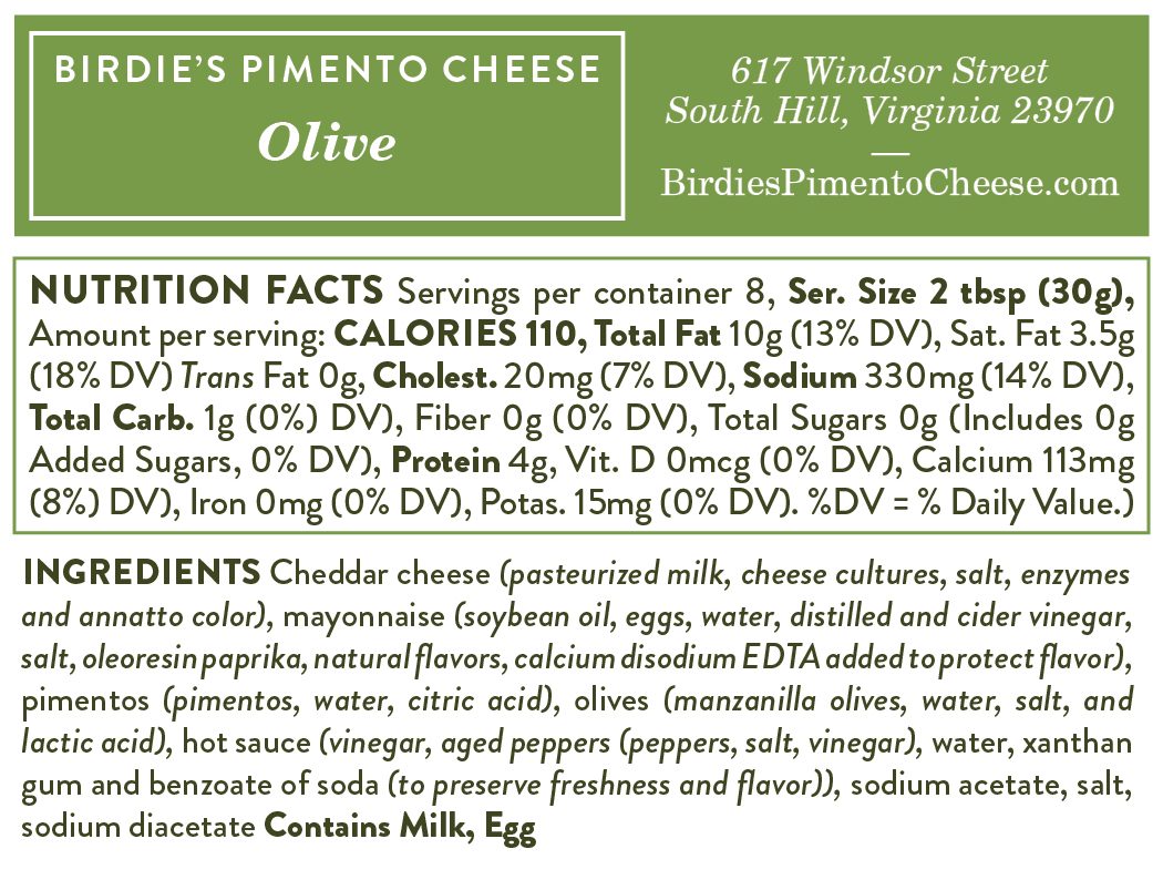 Nutrition facts for Birdie's Olive pimento cheese