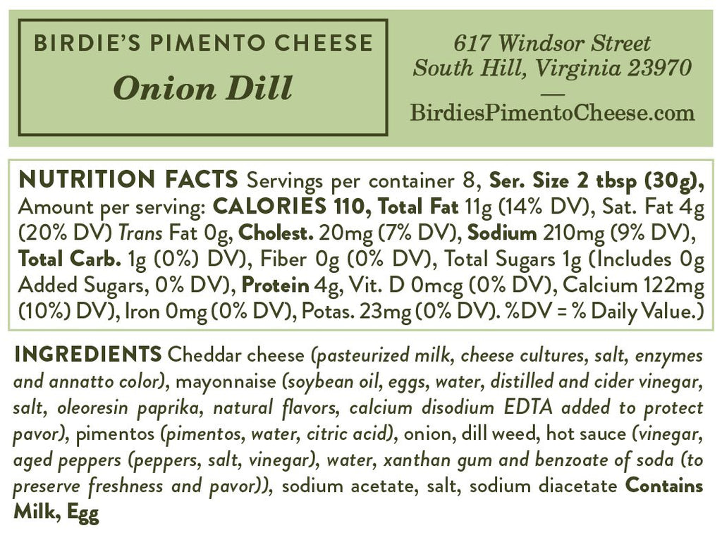 Nutrition facts for Birdie's Onion Dill pimento cheese