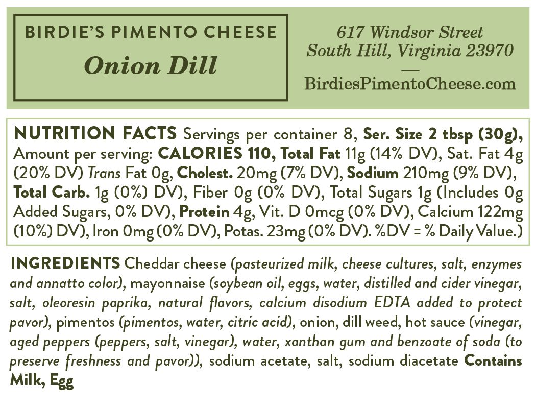Nutrition facts for Birdie's Onion Dill pimento cheese