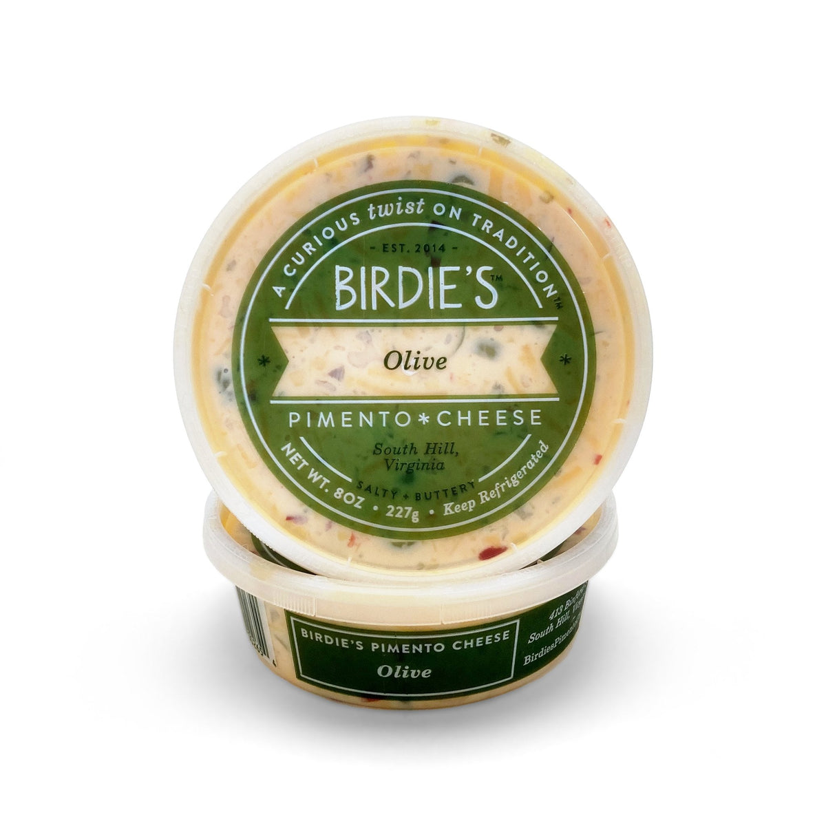Two 8 oz tubs of Birdie's Olive pimento cheese