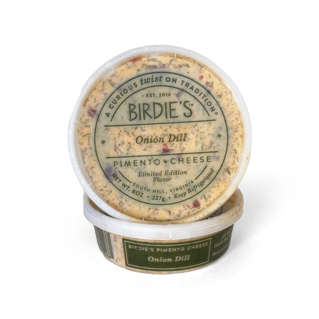 Two 8 oz tubs of Birdie's Onion Dill pimento cheese