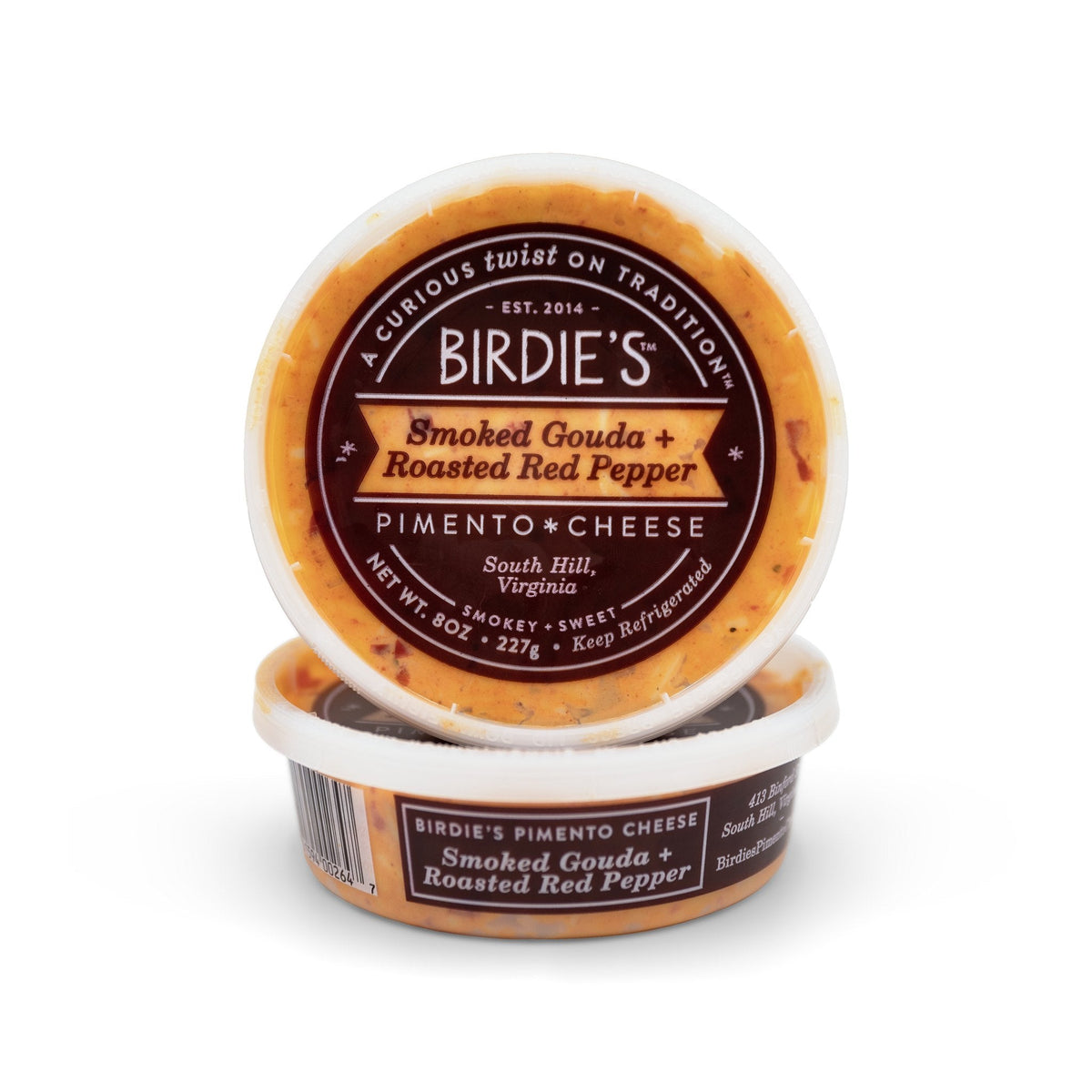 Two 8 oz tubs of Birdie's Smoked Gouda + Roasted Red Pepper pimento cheese