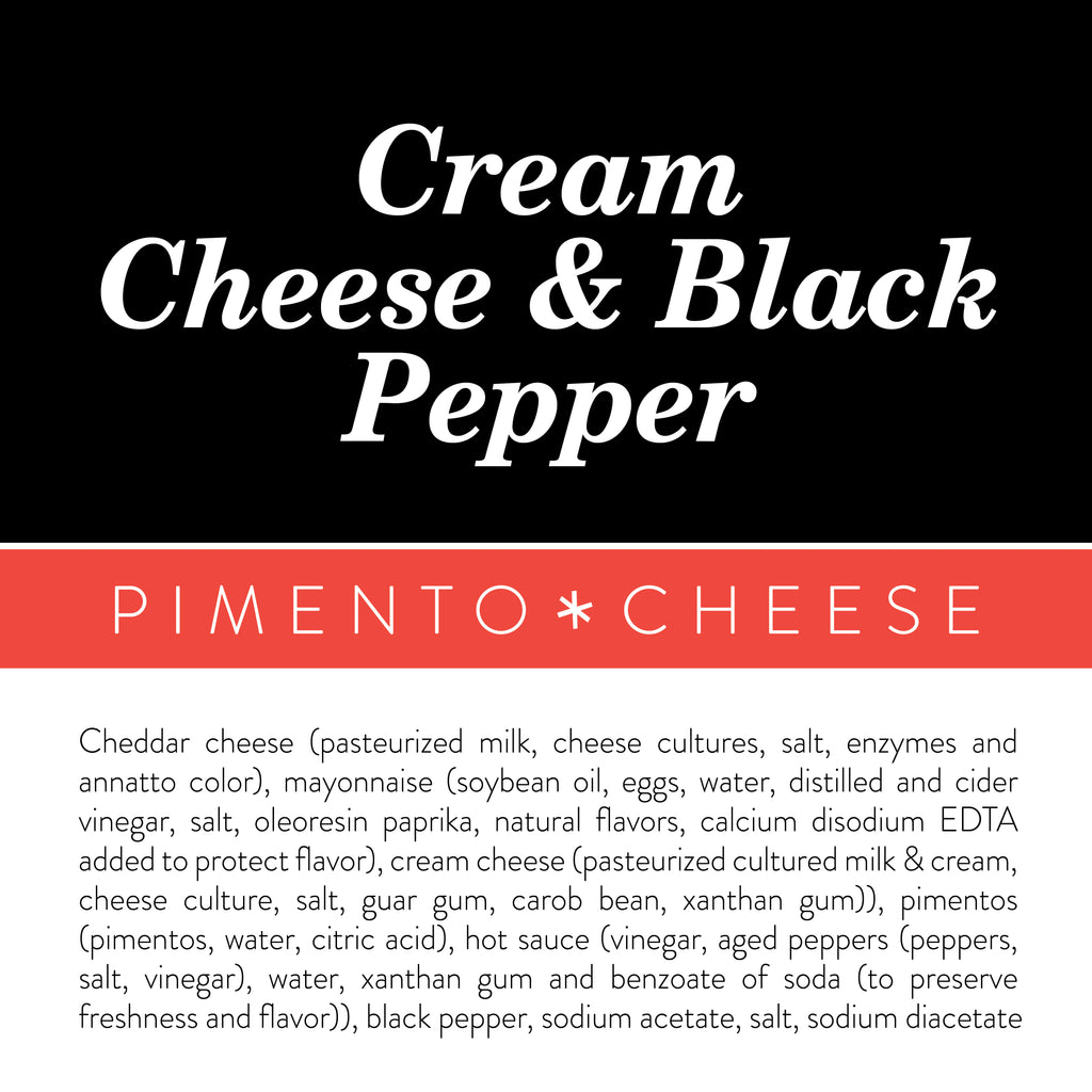 Ingredients label for Birdie's Cream Cheese + Black Pepper pimento cheese