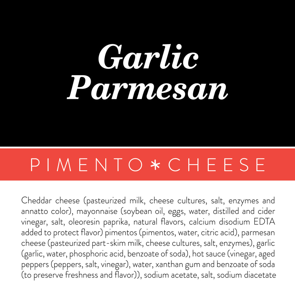 Ingredients label for Birdie's Garlic Parmesan pimento cheese