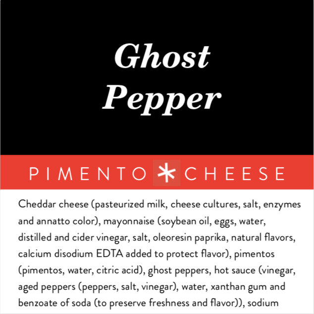 Ingredients label for Birdie's Ghost Pepper pimento cheese